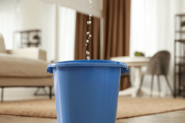 Home with leaking roof, bucket in sitting room for water leak.